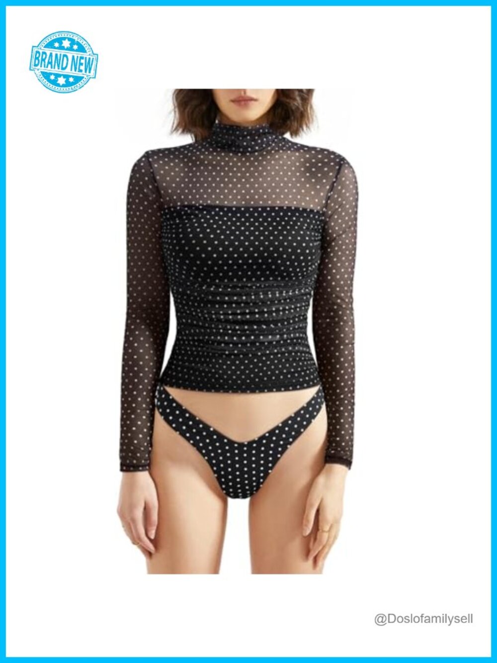 Women Double Line Mesh Sheer Crop Tank Top Mock Neck Long Sleeve